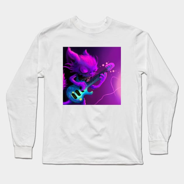 Purple Punk Rock Cat Shreds on the Electric Blue Guitar Long Sleeve T-Shirt by Star Scrunch